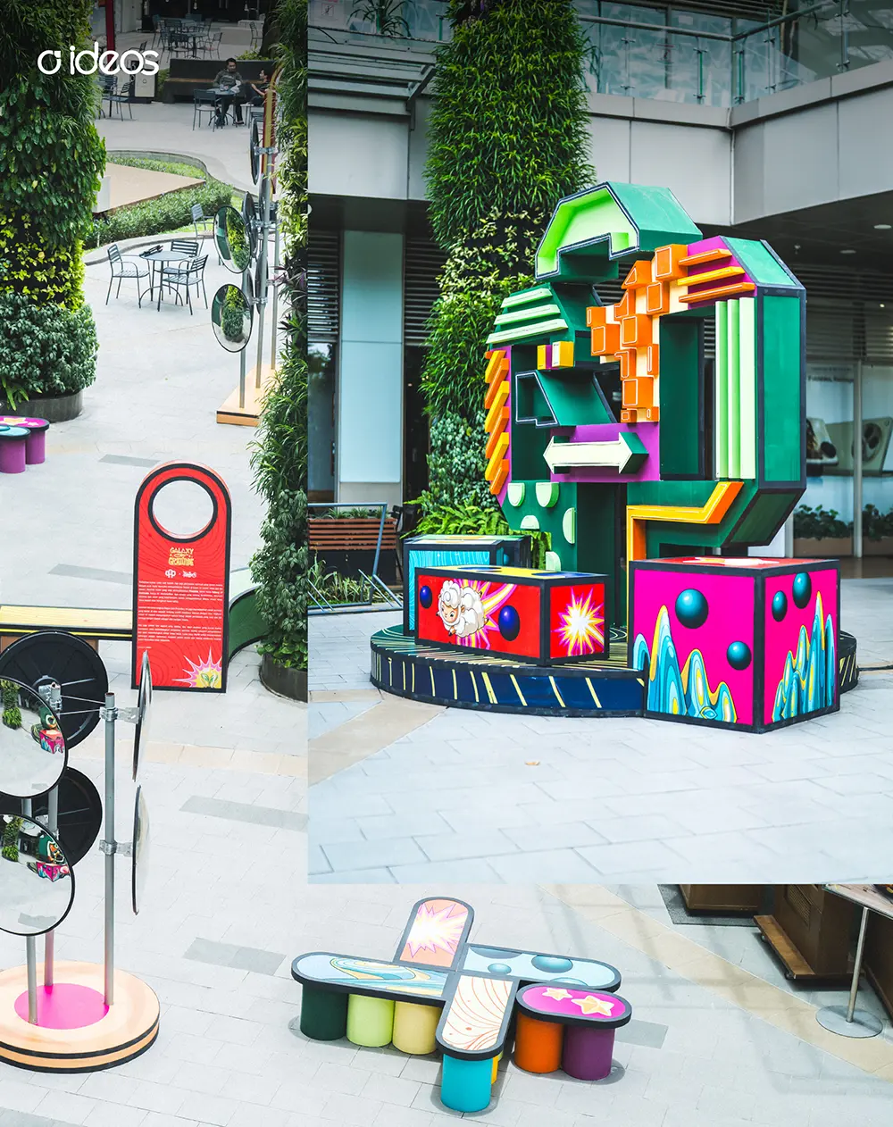 Galaxy of Gratitude x Pinokibo art installation featuring vibrant yellow and
                                        red lettering with cosmic design elements in a colorful public space, celebrating reflection and togetherness